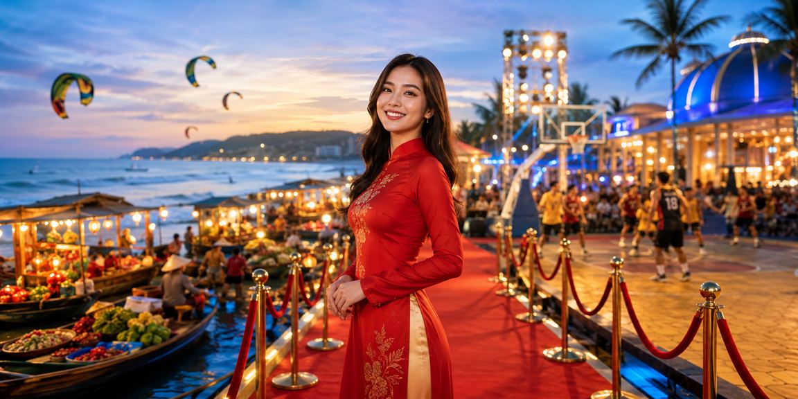 Cảnh chơi bóng rổ tại Mũi Né với người mặc áo dài truyền thống